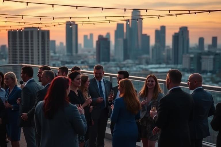 Professionals networking at a rooftop AlwayzON Spark event at sunset